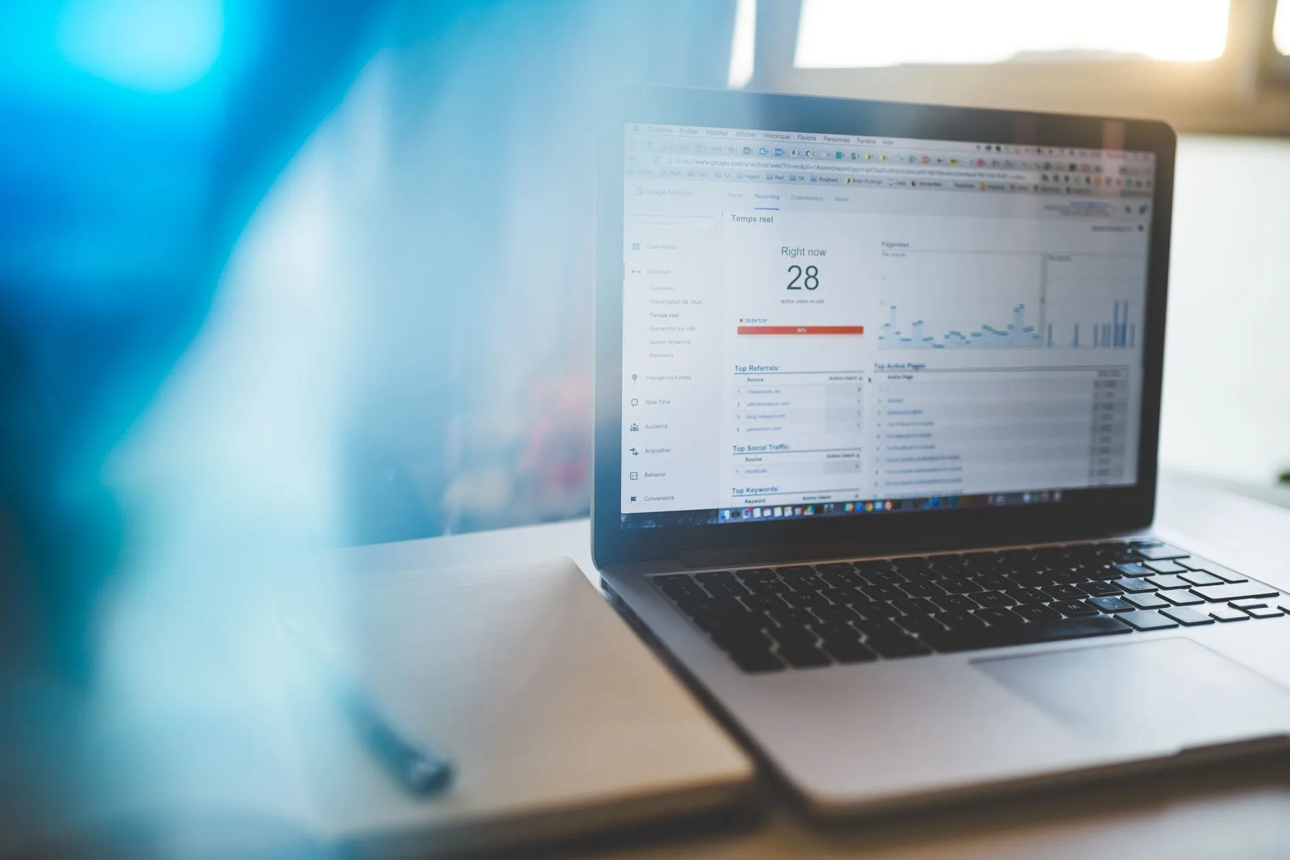 multiple computer screens displaying digital advertising metrics and graphs