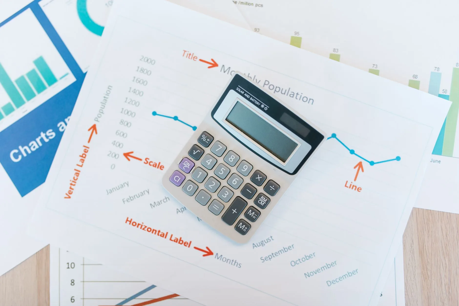 financial calculator resting on top of a revenue growth chart